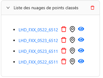 Accordéon Liste des nuages de points classés sur le site de téléchargement des fichiers LiDAR HD de l'IGN